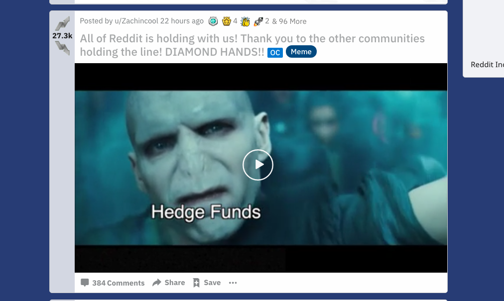 A Reddit post equating hedge funds to Lord Voldemort